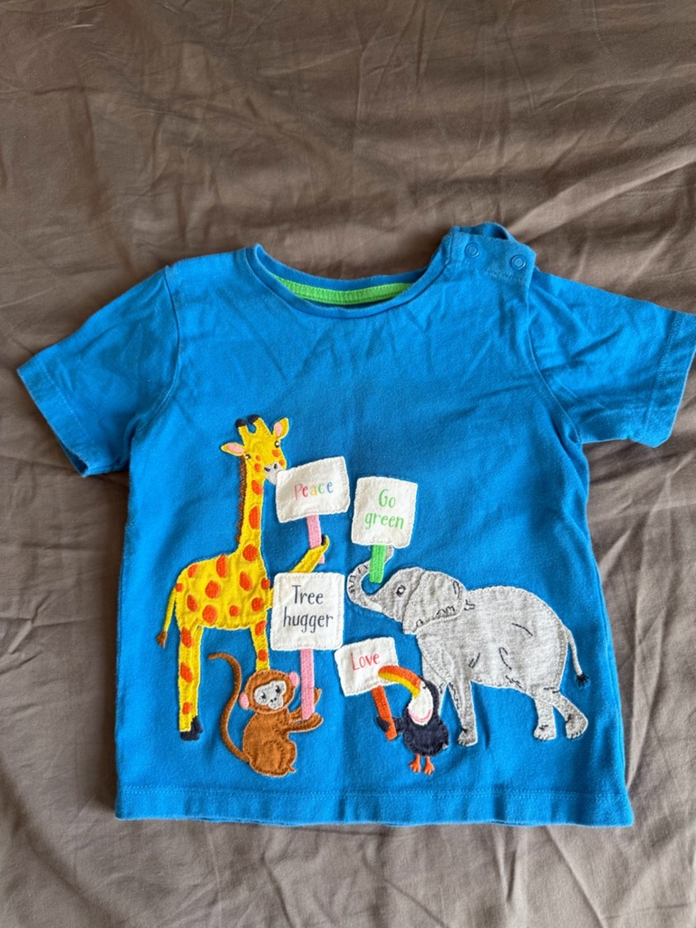 Mini Boden Bright Blue Short Sleeve Tee with Colorful Animal Appliqués